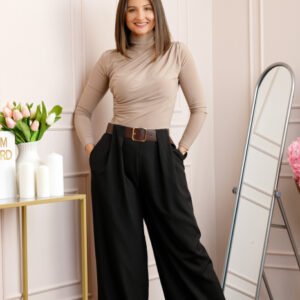 Pantaloni dama Judith negri cu croi larg si talie inalta cu curea