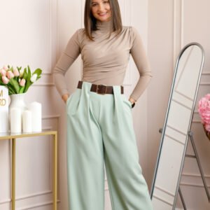 Pantaloni dama Judith verde salvie cu croi larg si talie inalta cu curea