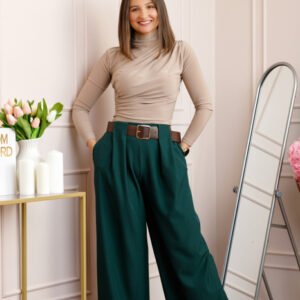 Pantaloni dama Judith verzi cu croi larg si talie inalta cu curea