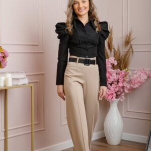Pantaloni evazati Ophelia cu talie inalta si curea - Crem