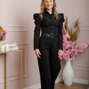 Pantaloni evazati Ophelia cu talie inalta si curea - Negru