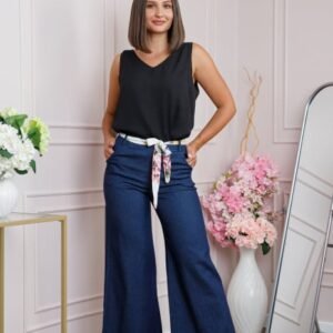 Pantaloni evazati din denim cu cordon floral