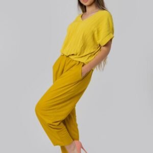Pantaloni galben mustar casual cu buzunare