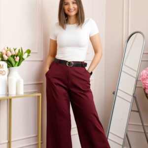 Pantaloni grena evazati cu talie elastica la spate si curea reglabila Molly