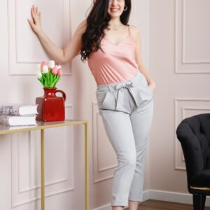 Pantaloni gri cu fundita in talie