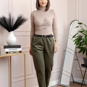 Pantaloni grosi Nancy cu curea reglabila si buzunare functionale - Kaki