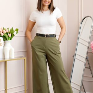 Pantaloni kaki evazati cu talie elastica la spate si curea reglabila Molly