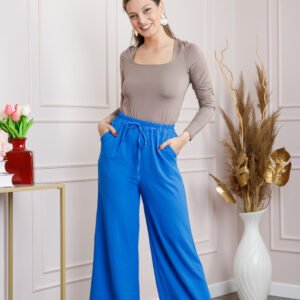 Pantaloni largi albastri cu snur in talie