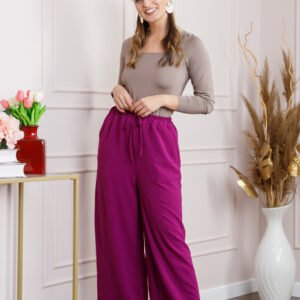 Pantaloni largi magenta cu snur in talie