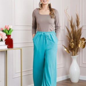 Pantaloni largi turcoaz deschis cu snur in talie