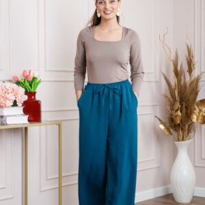Pantaloni largi turcoaz inchis cu snur in talie