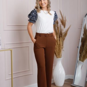 Pantaloni maro eleganti cu talie inalta si centura