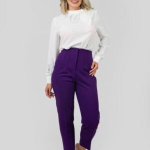 Pantaloni mov cu talie inalta si cusaturi decorative
