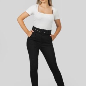 Pantaloni negri cu talie inalta si centura lata