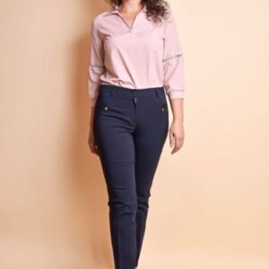 Pantaloni office bleumarin cu fermoare aplicate
