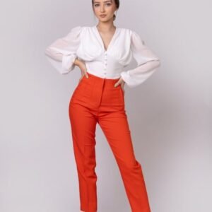 Pantaloni orange cu talie inalta si cusaturi decorative
