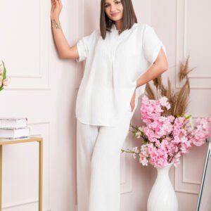 Pantaloni palazzo Athena cu talie elastica si insertii argintii - Alb