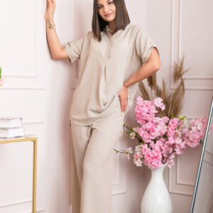 Pantaloni palazzo Athena cu talie elastica si insertii argintii - Bej
