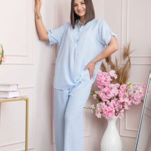 Pantaloni palazzo Athena cu talie elastica si insertii argintii - Bleu