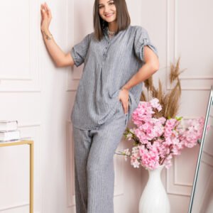 Pantaloni palazzo Athena cu talie elastica si insertii argintii - Gri