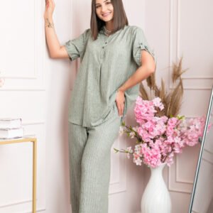 Pantaloni palazzo Athena cu talie elastica si insertii argintii - Kaki