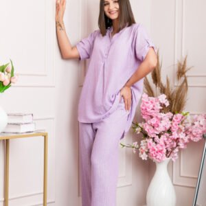 Pantaloni palazzo Athena cu talie elastica si insertii argintii - Lila