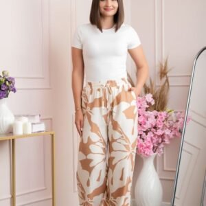 Pantaloni palazzo Camilla cu imprimeu floral maxi bej-ivoire