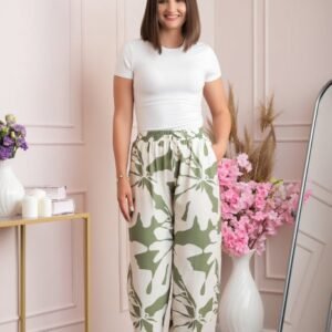 Pantaloni palazzo Camilla cu imprimeu floral maxi kaki-ivoire
