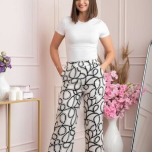 Pantaloni palazzo Hanna cu imprimeu abstract alb-negru