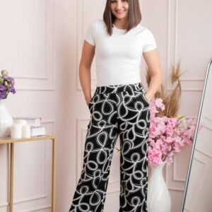 Pantaloni palazzo Hanna cu imprimeu abstract negru-alb