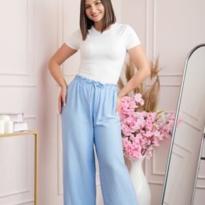 Pantaloni palazzo Nicole cu snur in talie - Bleu