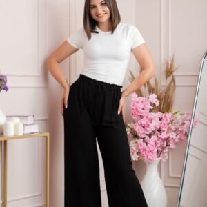 Pantaloni palazzo Nicole cu snur in talie - Negru