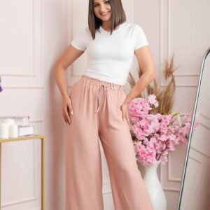 Pantaloni palazzo Nicole cu snur in talie - Roz pudrat