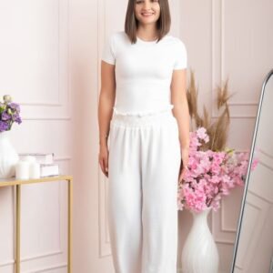 Pantaloni palazzo Norah cu talie inalta si broderie zig-zag - Alb