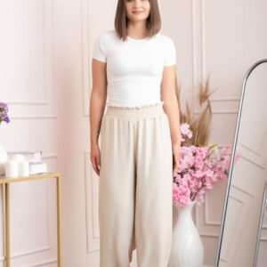 Pantaloni palazzo Norah cu talie inalta si broderie zig-zag - Crem