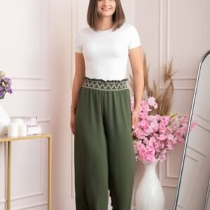 Pantaloni palazzo Norah cu talie inalta si broderie zig-zag - Kaki
