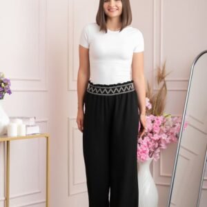Pantaloni palazzo Norah cu talie inalta si broderie zig-zag - Negru