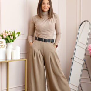 Pantaloni palazzo bej cu talie elastica si curea reglabila Savannah