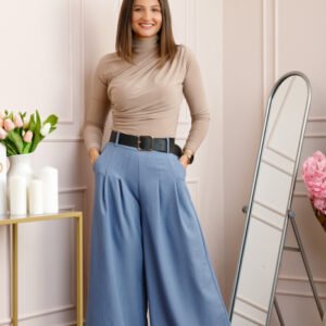 Pantaloni palazzo bleu cu talie elastica si curea reglabila Savannah