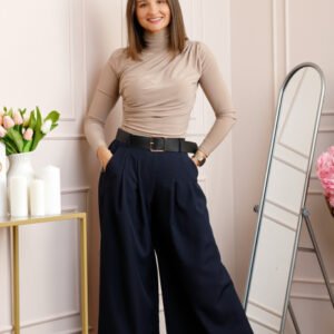Pantaloni palazzo bleumarin cu talie elastica si curea reglabila Savannah