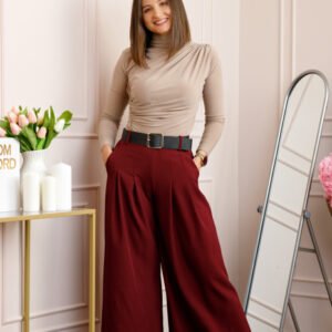 Pantaloni palazzo grena cu talie elastica si curea reglabila Savannah