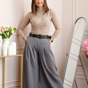 Pantaloni palazzo gri cu talie elastica si curea reglabila Savannah