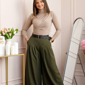 Pantaloni palazzo kaki cu talie elastica si curea reglabila Savannah