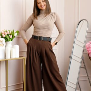 Pantaloni palazzo maro cu talie elastica si curea reglabila Savannah