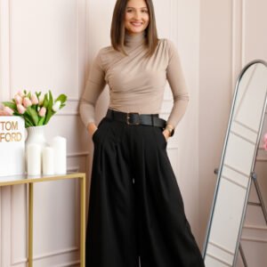 Pantaloni palazzo negri cu talie elastica si curea reglabila Savannah