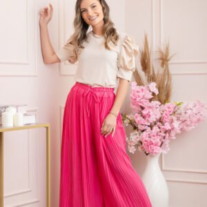 Pantaloni plisati Coraline din voal cu talie elastica - Ciclam