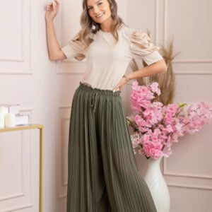Pantaloni plisati Coraline din voal cu talie elastica - Kaki