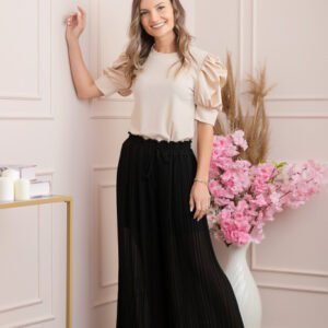 Pantaloni plisati Coraline din voal cu talie elastica - Negru