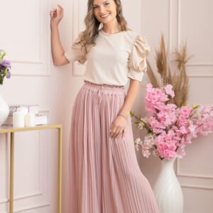 Pantaloni plisati Coraline din voal cu talie elastica - Roz pudrat