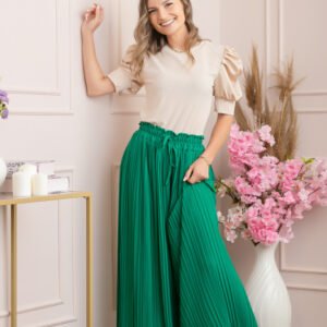 Pantaloni plisati Coraline din voal cu talie elastica - Verde